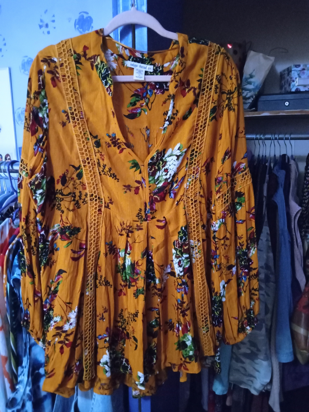 Indigo Thread Co  Floral Crochet-Trim Mustard Women's Tunic Top